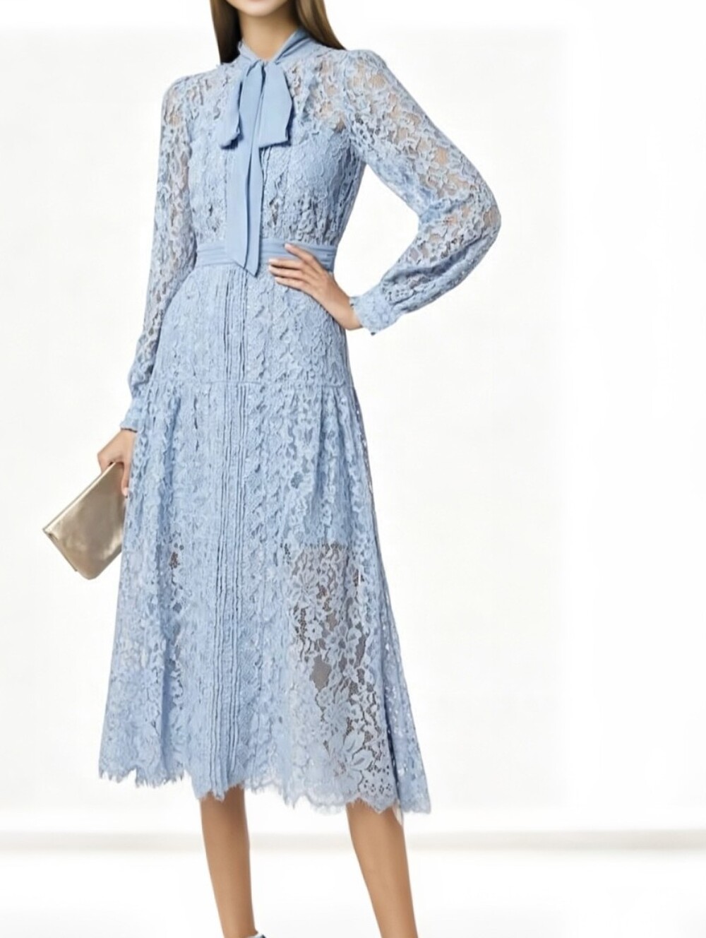 Self Portrait Corded bow Lace Long Sleeves Midi Dress